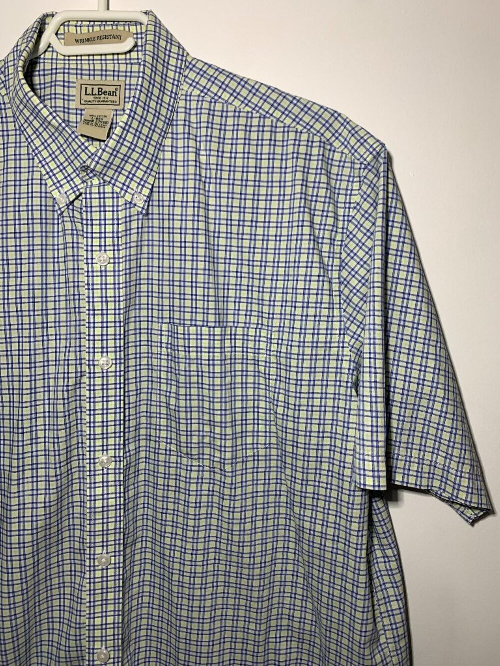 LL Bean Mens L Reg Short Sleeve Plaid Shirt Blue Green Wrinkle Resistant 275580
